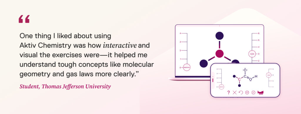 Image includes a student quote next to an image of the Lewis Structures feature in Aktiv. The quote reads, "“One thing I liked about using Aktiv Chemistry was how interactive and visual the exercises were—it helped me understand tough concepts like molecular geometry and gas laws more clearly.”