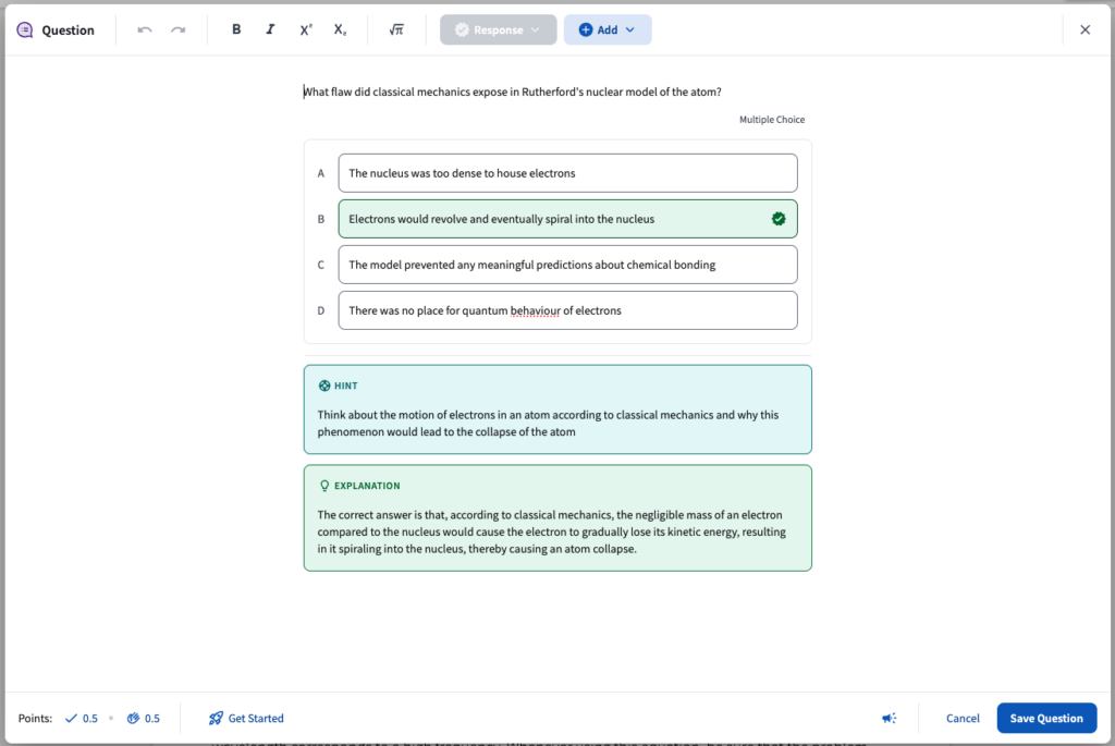 The instructor interface to build a multiple choice question in Top Hat.