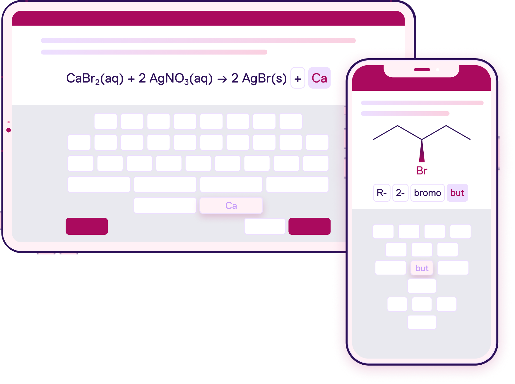 Illustration of Aktiv's interactive question types for chemical equations and nomenclature featuring smart suggestions.