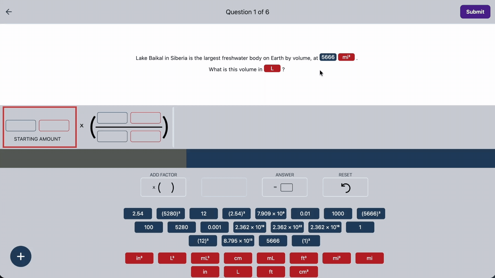 Animation shows a drag-and-drop style dimensional analysis problem in Aktiv Chemistry illustrating the setup of a question converting the volume of Lake Baikal from cubic miles to liters.