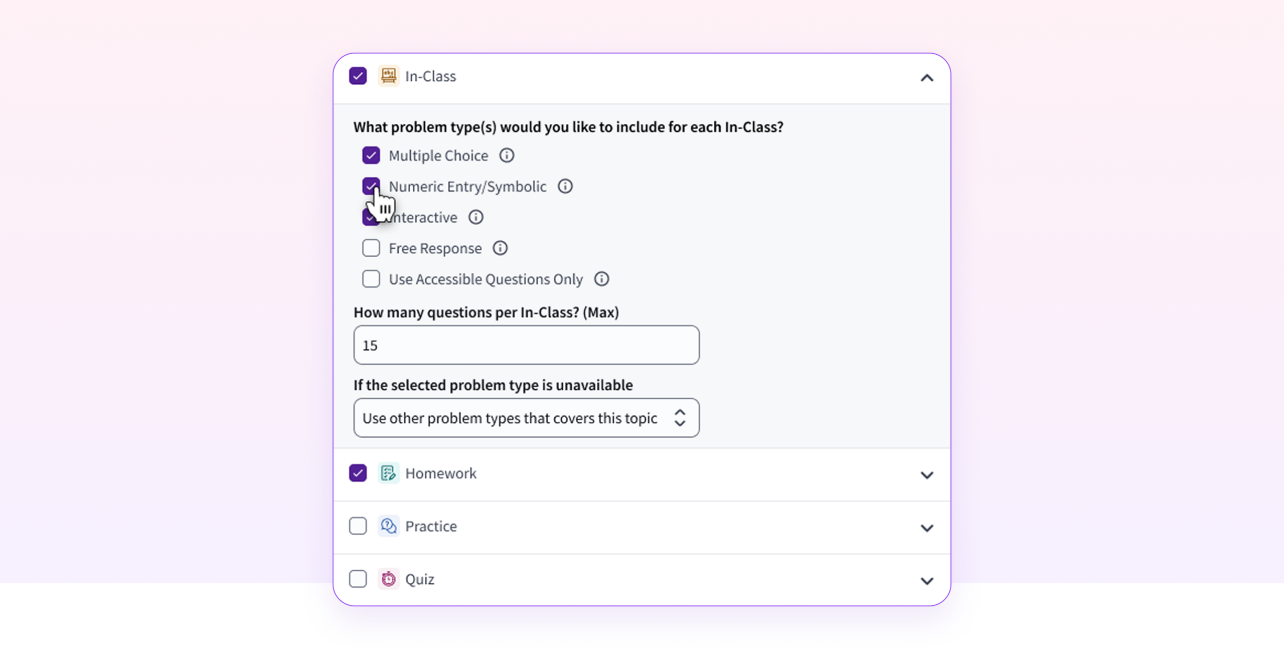 A screen from the Ace Assignment Builder setup where an instructor can check boxes to include the types of questions they wish on an assignment that is then automatically generated for them using AI.