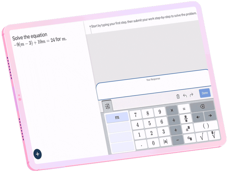 Image on a tablet shows a student completing a problem step by step with assistance from Ace the AI-powered tutor